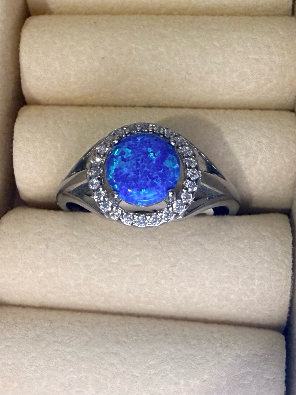 Blue Opal Halo Sterling Ring Size 7- Women's Blue Opal Statement Ring